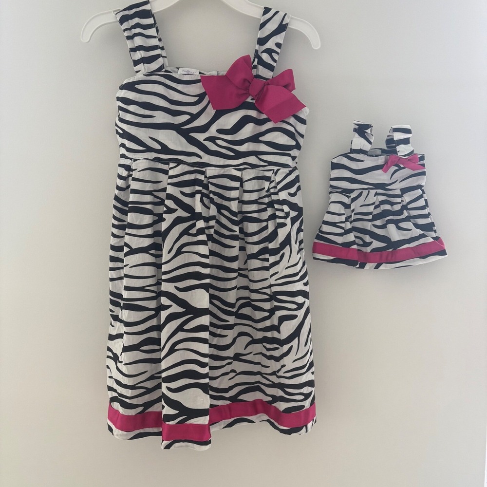 Cre8ions Zebra Print Dress‎ Matching Doll Dresses Girld Size 7/8 and Baby Doll